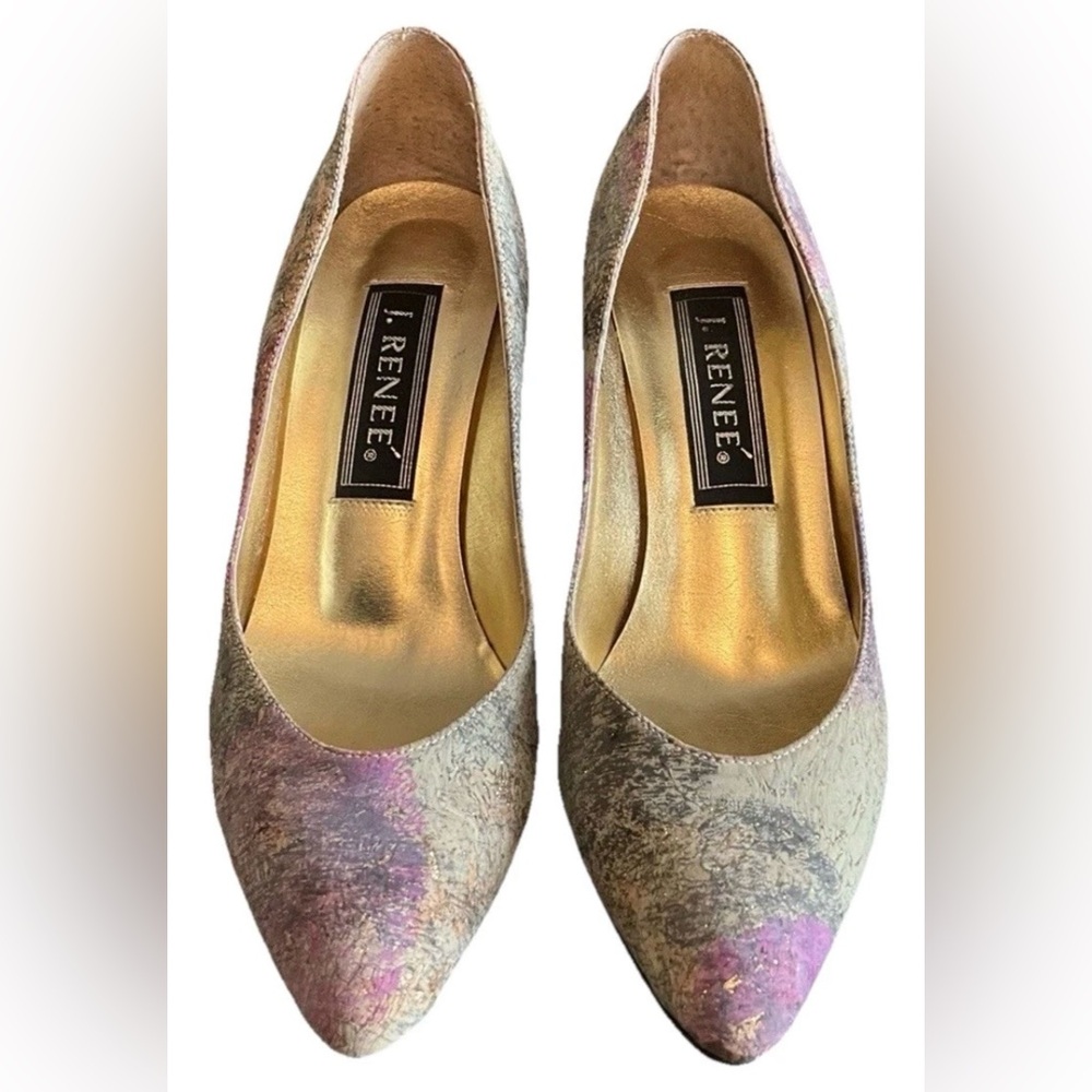 Vintage J. Renee Rare Abstract W/ Gold Flecks Cork High Heel Pumps Shoes Size 9